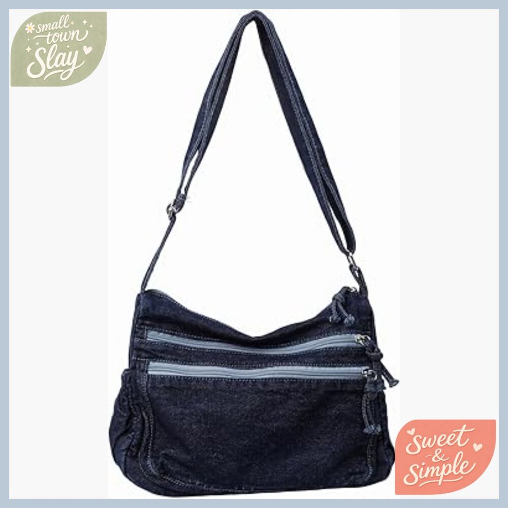 Denim Hobo Shoulder Bag with Adjustable Strap, Zipper Closure, Multiple Pockets - Picture 1 of 7